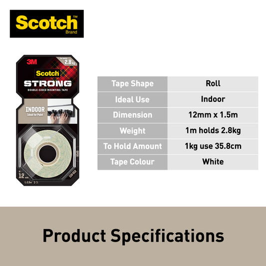 3M Scotch Indoor Double Sided Mounting Tape 12mm x 1.5m (3M-110-S12)