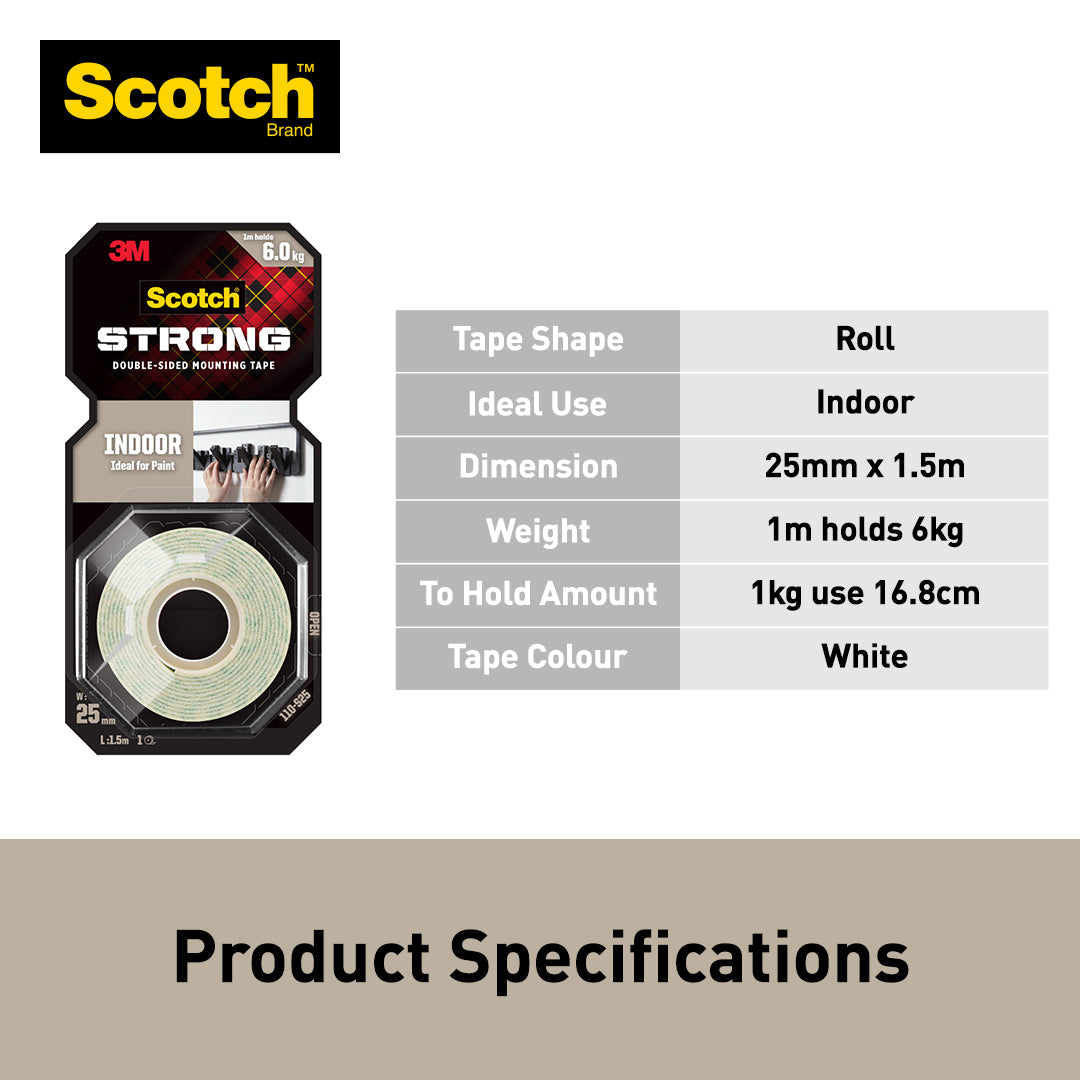 3M Scotch Indoor Double Sided Mounting Tape 25mm x 1.5m (3M-110-S25)