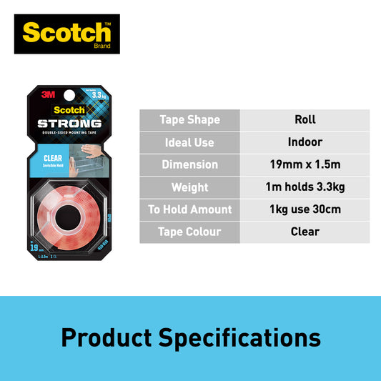 3M Scotch Clear Double Sided Mounting Tape 19mm x 1.5m (3M-410-S19)