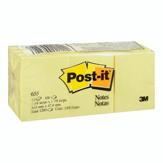3M POST IT (653 )1.5" X 2" Yellow Notes - 12 Pads/Pack